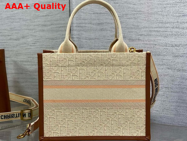 Dior Small Dior Book Tote in Beige Dior Oblique Embroidered Raffia and Camel Calfskin Replica