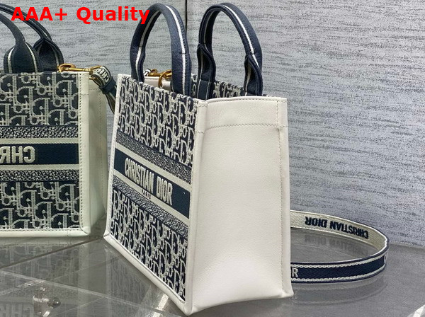 Dior Small Dior Book Tote in Blue Dior Oblique Chambray Embroidery and Latte Calfskin Replica