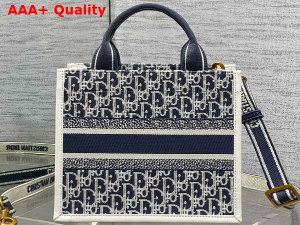 Dior Small Dior Book Tote in Blue Dior Oblique Chambray Embroidery and Latte Calfskin Replica