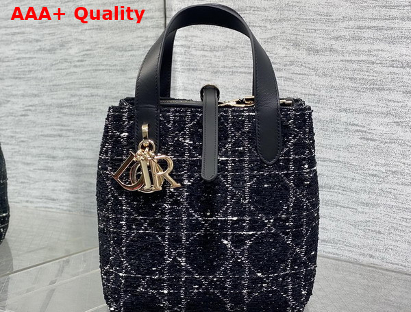 Dior Small Dior Toujours Vertical Tote Bag in Black Tweed with White Cannage Motif Replica