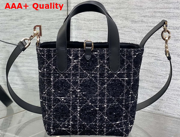 Dior Small Dior Toujours Vertical Tote Bag in Black Tweed with White Cannage Motif Replica