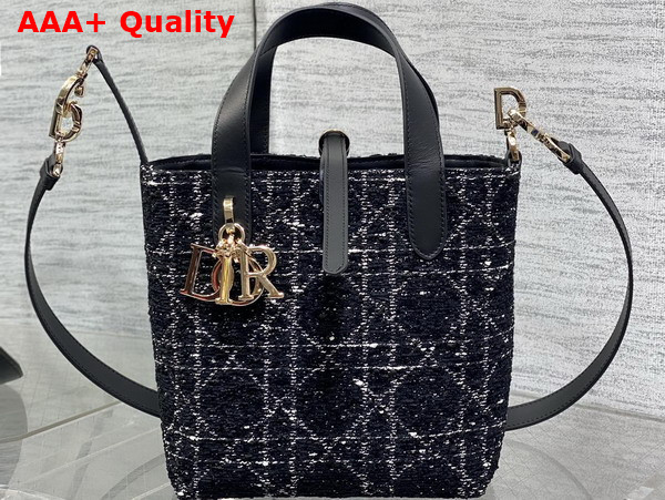 Dior Small Dior Toujours Vertical Tote Bag in Black Tweed with White Cannage Motif Replica