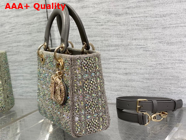 Dior Small Lady Dior Bag Gray Smooth Calfskin and Satin with Bead Embroidery Replica