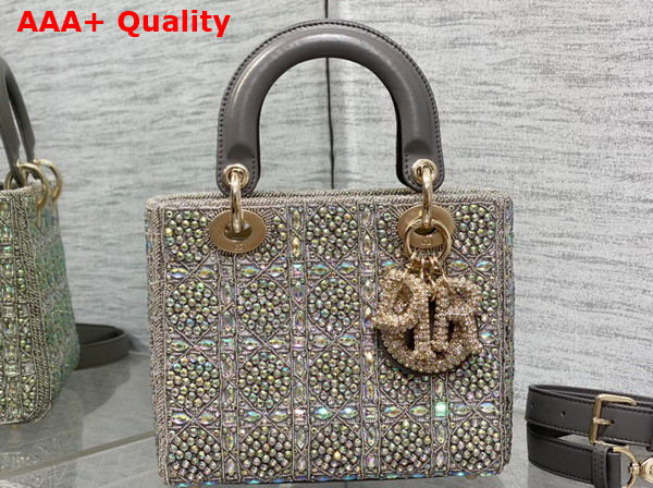 Dior Small Lady Dior Bag Gray Smooth Calfskin and Satin with Bead Embroidery Replica