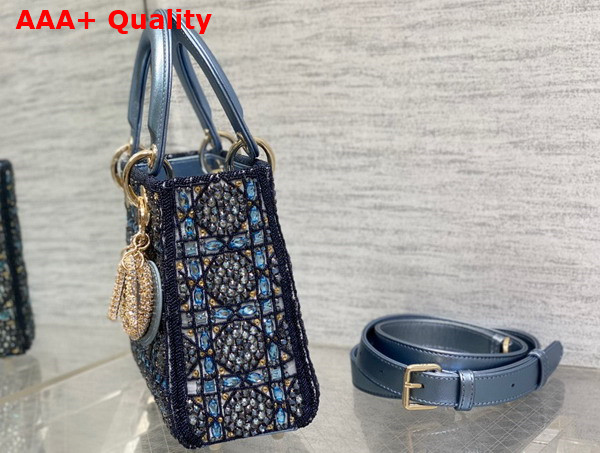 Dior Small Lady Dior Bag Metallic Calfskin and Satin with Celestial Blue Bead Embroidery Replica