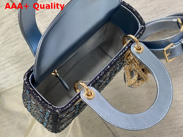 Dior Small Lady Dior Bag Metallic Calfskin and Satin with Celestial Blue Bead Embroidery Replica