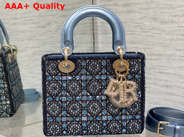 Dior Small Lady Dior Bag Metallic Calfskin and Satin with Celestial Blue Bead Embroidery Replica