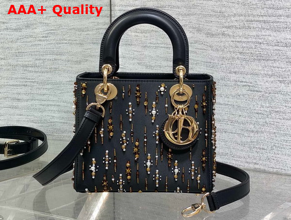 Dior Small Lady Dior Bag in Black Satin Embroidered with Gold Tone Beads and White Resin Pearls Replica