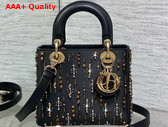 Dior Small Lady Dior Bag in Black Satin Embroidered with Gold Tone Beads and White Resin Pearls Replica