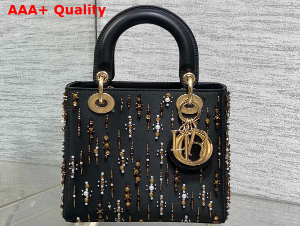 Dior Small Lady Dior Bag in Black Satin Embroidered with Gold Tone Beads and White Resin Pearls Replica