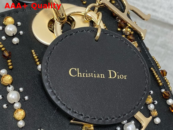 Dior Small Lady Dior Bag in Black Satin Embroidered with Gold Tone Beads and White Resin Pearls Replica