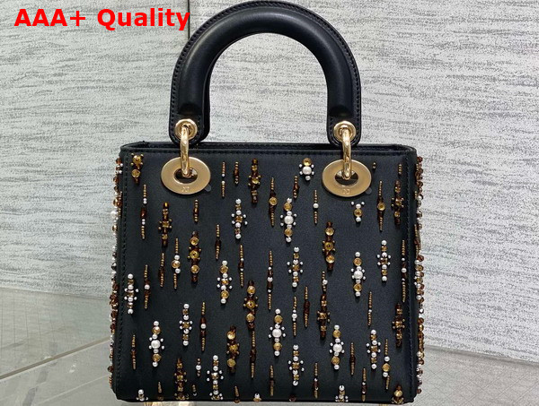 Dior Small Lady Dior Bag in Black Satin Embroidered with Gold Tone Beads and White Resin Pearls Replica