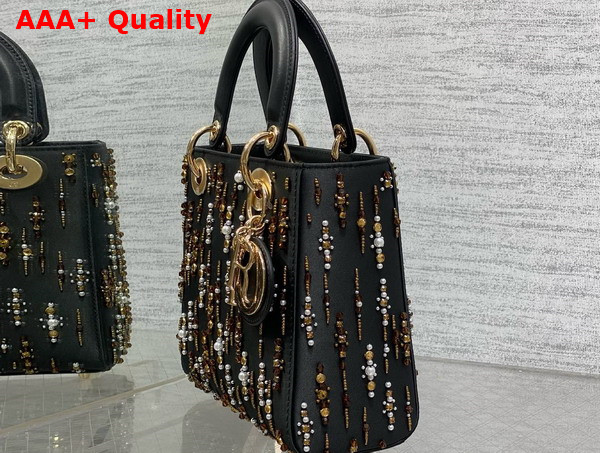 Dior Small Lady Dior Bag in Black Satin Embroidered with Gold Tone Beads and White Resin Pearls Replica
