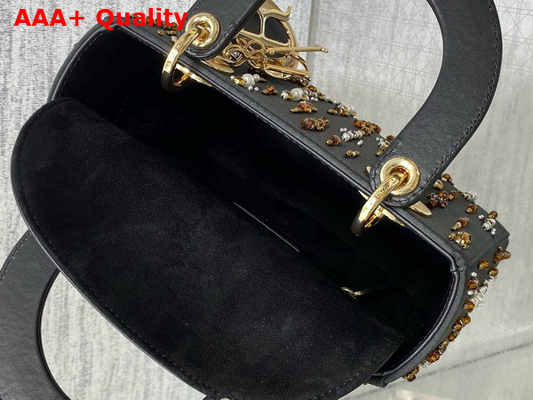 Dior Small Lady Dior Bag in Black Satin Embroidered with Gold Tone Beads and White Resin Pearls Replica