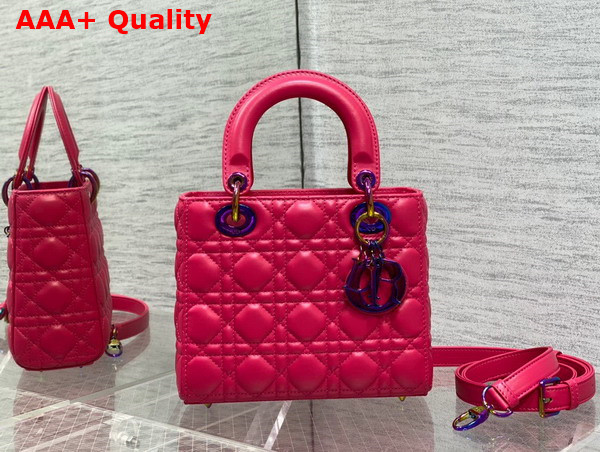 Dior Small Lady Dior Bag in Bright Pink Cannage Lambskin with Iridescent Finish Metal DIOR Charm Replica