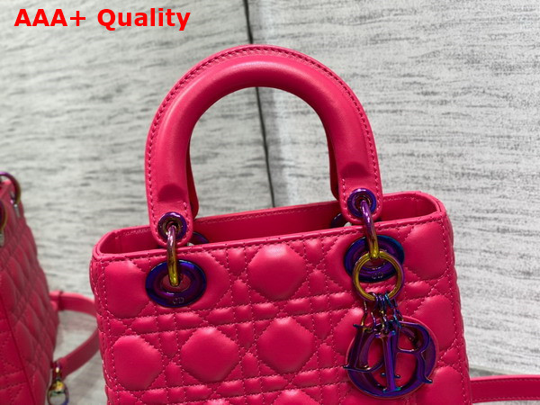 Dior Small Lady Dior Bag in Bright Pink Cannage Lambskin with Iridescent Finish Metal DIOR Charm Replica