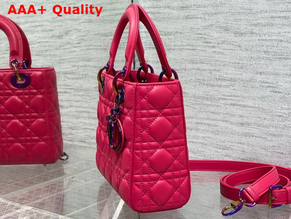 Dior Small Lady Dior Bag in Bright Pink Cannage Lambskin with Iridescent Finish Metal DIOR Charm Replica