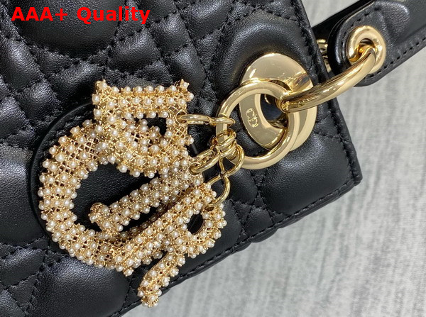 Dior Small Lady Dior My ABCDior Bag Black Cannage Lambskin the Charms are Fully Pave Set with White Resin Pearls Replica