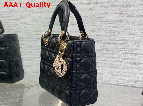 Dior Small Lady Dior My ABCDior Bag Black Cannage Lambskin the Charms are Fully Pave Set with White Resin Pearls Replica