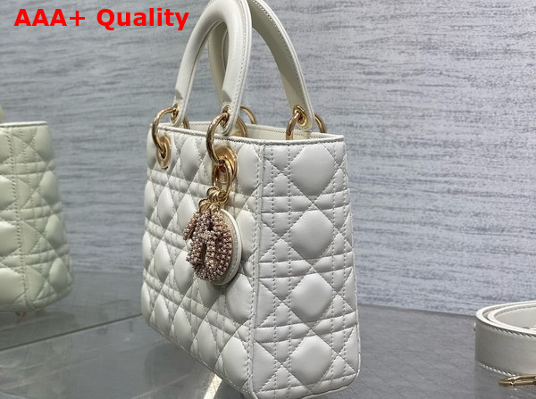 Dior Small Lady Dior My ABCDior Bag Latte Cannage Lambskin the Charms are Fully Pave Set with White Resin Pearls Replica