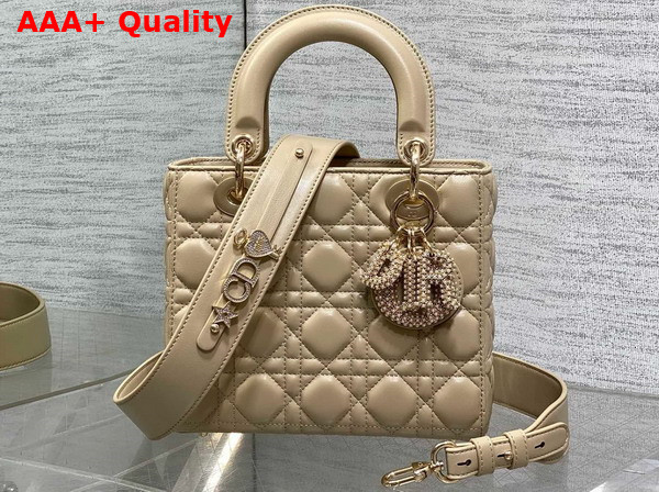 Dior Small Lady Dior My ABCDior Bag in Biscuit Cannage Lambskin the Charms are Fully Pave Set with White Resin Pearls Replica