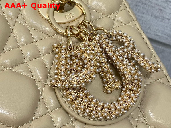 Dior Small Lady Dior My ABCDior Bag in Biscuit Cannage Lambskin the Charms are Fully Pave Set with White Resin Pearls Replica