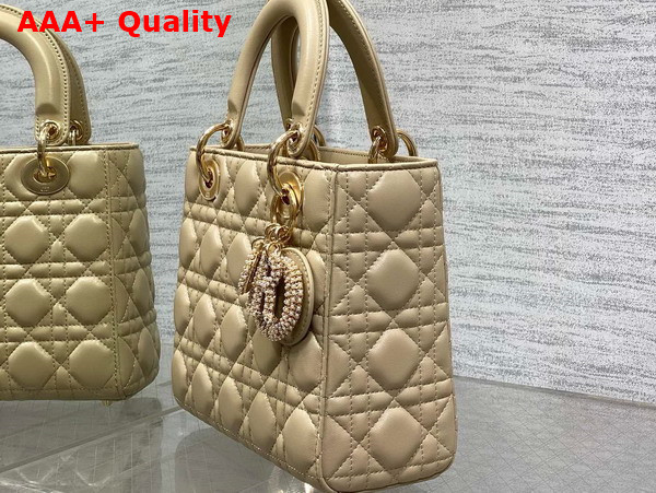 Dior Small Lady Dior My ABCDior Bag in Biscuit Cannage Lambskin the Charms are Fully Pave Set with White Resin Pearls Replica