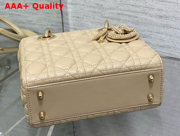 Dior Small Lady Dior My ABCDior Bag in Biscuit Cannage Lambskin the Charms are Fully Pave Set with White Resin Pearls Replica