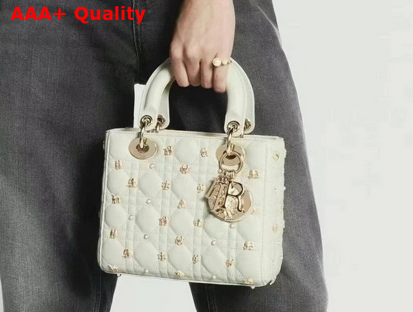 Dior Small Lady Dior My ABCdior Bag Latte Cannage Lambskin with Gold Finish Zodiac Sign Studs Replica