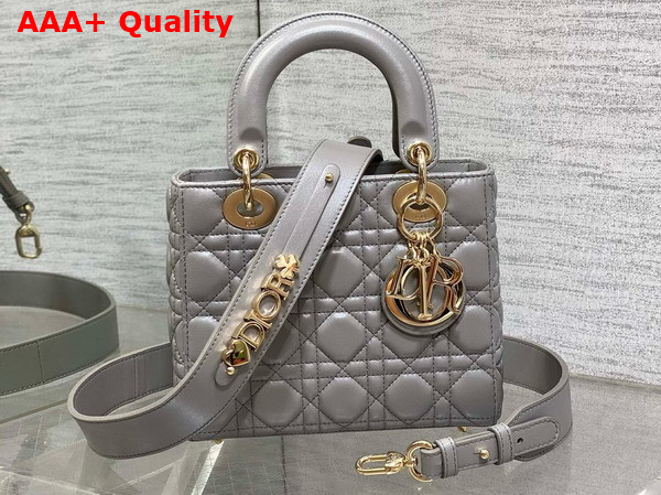 Dior Small Lady Dior My ABCdior Bag in Pearl Gray Cannage Lambskin with Pale Gold Finish Metal Replica
