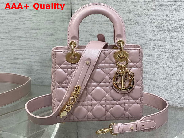 Dior Small Lady Dior My ABCdior Bag in Pearl Pink Cannage Lambskin with Pale Gold Finish Metal Replica