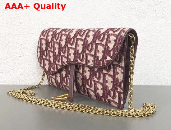 Dior Small Saddle Wallet on Chain Clutch in Burgundy Dior Oblique Jacquard Canvas Replica