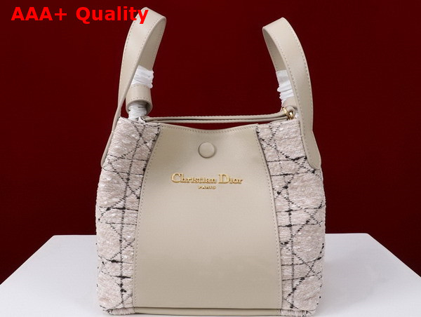 Dior Small Signature Bucket Bag in Beige Cannage Tweed and Smooth Calfskin Replica