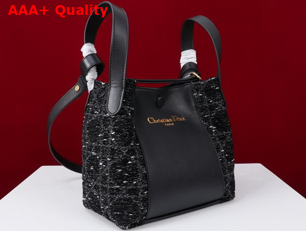 Dior Small Signature Bucket Bag in Black Cannage Tweed and Smooth Calfskin Replica