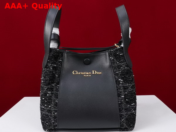 Dior Small Signature Bucket Bag in Black Cannage Tweed and Smooth Calfskin Replica