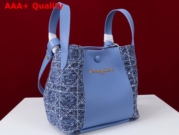 Dior Small Signature Bucket Bag in Blue Cannage Tweed and Smooth Calfskin Replica