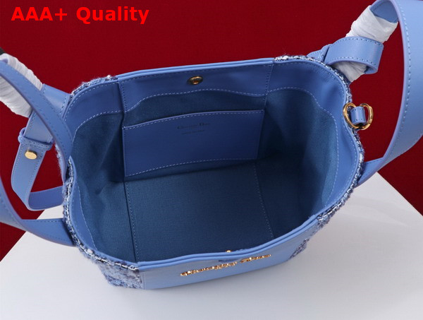 Dior Small Signature Bucket Bag in Blue Cannage Tweed and Smooth Calfskin Replica