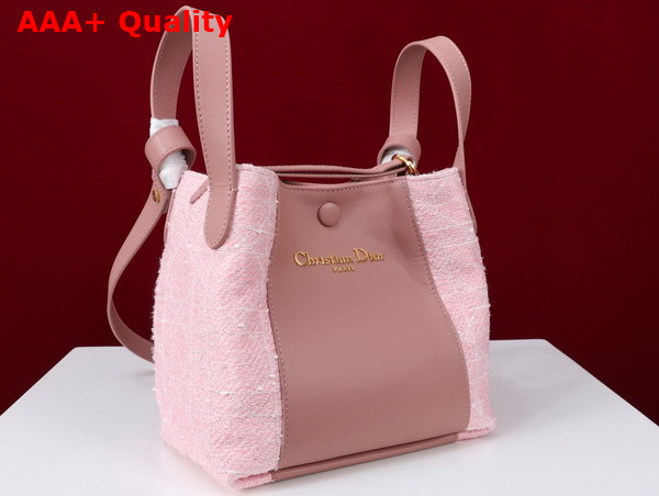 Dior Small Signature Bucket Bag in Rose des Vents Cannage Tweed and Smooth Calfskin Replica