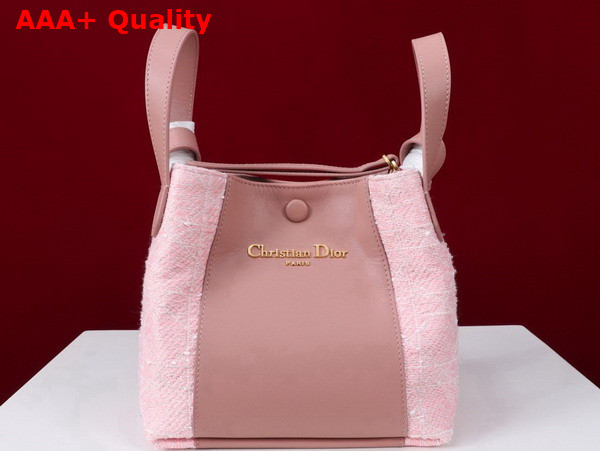 Dior Small Signature Bucket Bag in Rose des Vents Cannage Tweed and Smooth Calfskin Replica