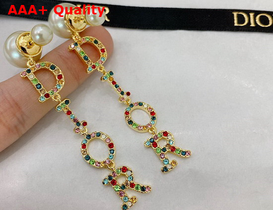 Dior Tribales Earrings Gold Finish Metal White Resin Pearls and Multicolor Crystals Replica