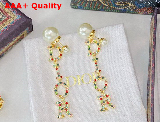 Dior Tribales Earrings Gold Finish Metal White Resin Pearls and Multicolor Crystals Replica