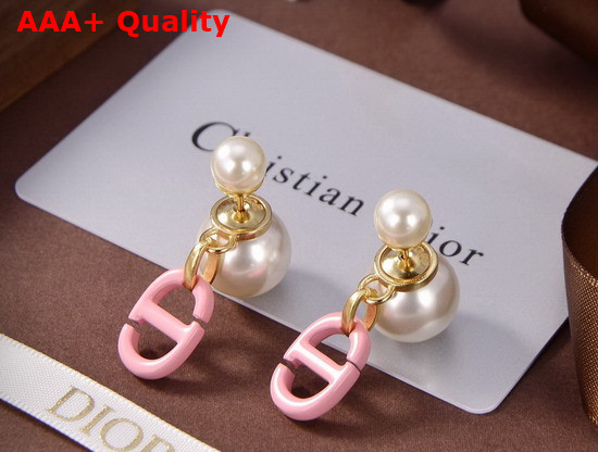 Dior Tribales Earrings Gold Finish Metal and White Resin Pearls with Pink Lacquer Replica