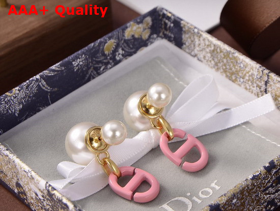 Dior Tribales Earrings Gold Finish Metal and White Resin Pearls with Pink Lacquer Replica