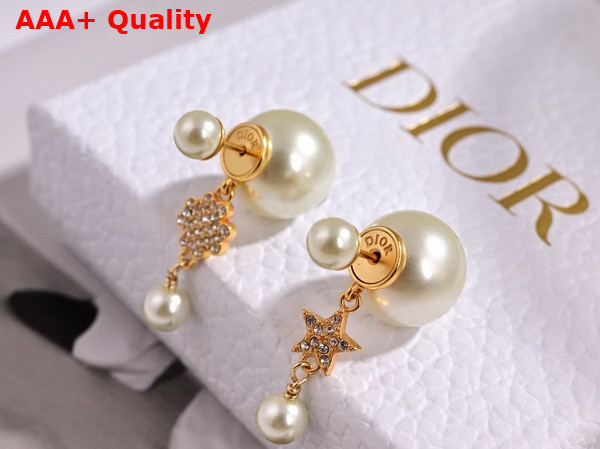 Dior Tribales Earrings Gold Finish Metal with White Resin Pearls and Silver Tone Crystals Replica