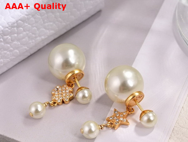 Dior Tribales Earrings Gold Finish Metal with White Resin Pearls and Silver Tone Crystals Replica