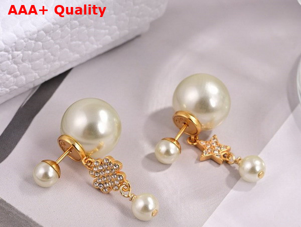 Dior Tribales Earrings Gold Finish Metal with White Resin Pearls and Silver Tone Crystals Replica