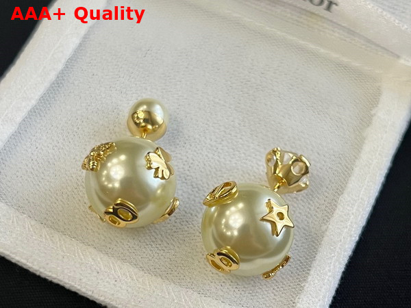 Dior Tribales Earrings Gold Finish Metal with White Resin Pearls and a Silver Tone Srystal Replica