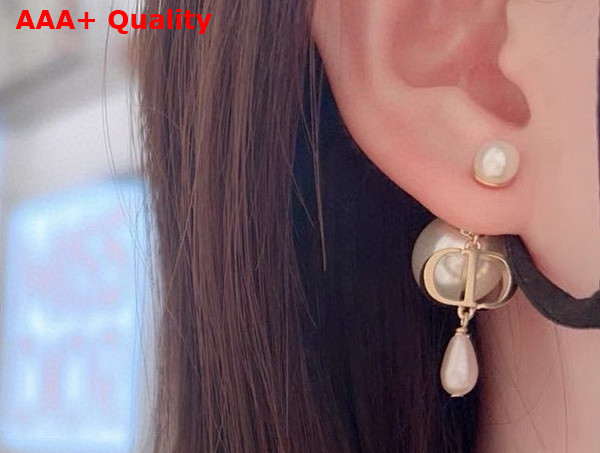 Dior Tribales Earrings Gold Finish Metal with White and Iridescent Pink Resin Pearls Replica