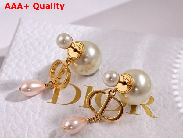 Dior Tribales Earrings Gold Finish Metal with White and Iridescent Pink Resin Pearls Replica