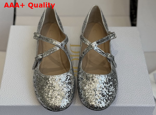 Dior Very Dior Ballet Flat in Silver Tone Laminated Lambskin and Glitter Replica